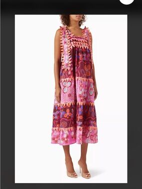 Vibrant Pink & Purple Tiered Midi Dress with Decorative Trim Ceila B